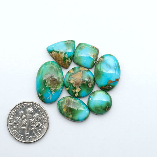 Sonoran Mountain Turquoise cabochons, blue-green color with natural matrix, polished stones on a white background, with a US dime for scale
