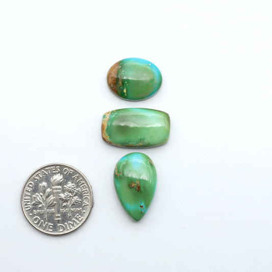 Sonoran Mountain Turquoise cabochons, blue-green color with natural matrix, polished stones on a white background, with a US dime for scale