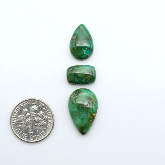 Sonoran Mountain Turquoise cabochons, blue-green color with natural matrix, polished stones on a white background, with a US dime for scale