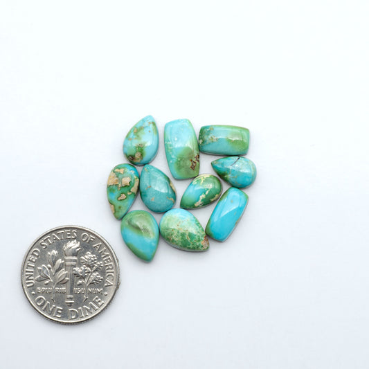 Sonoran Mountain Turquoise cabochons, blue-green color with natural matrix, polished stones on a white background, with a US dime for scale