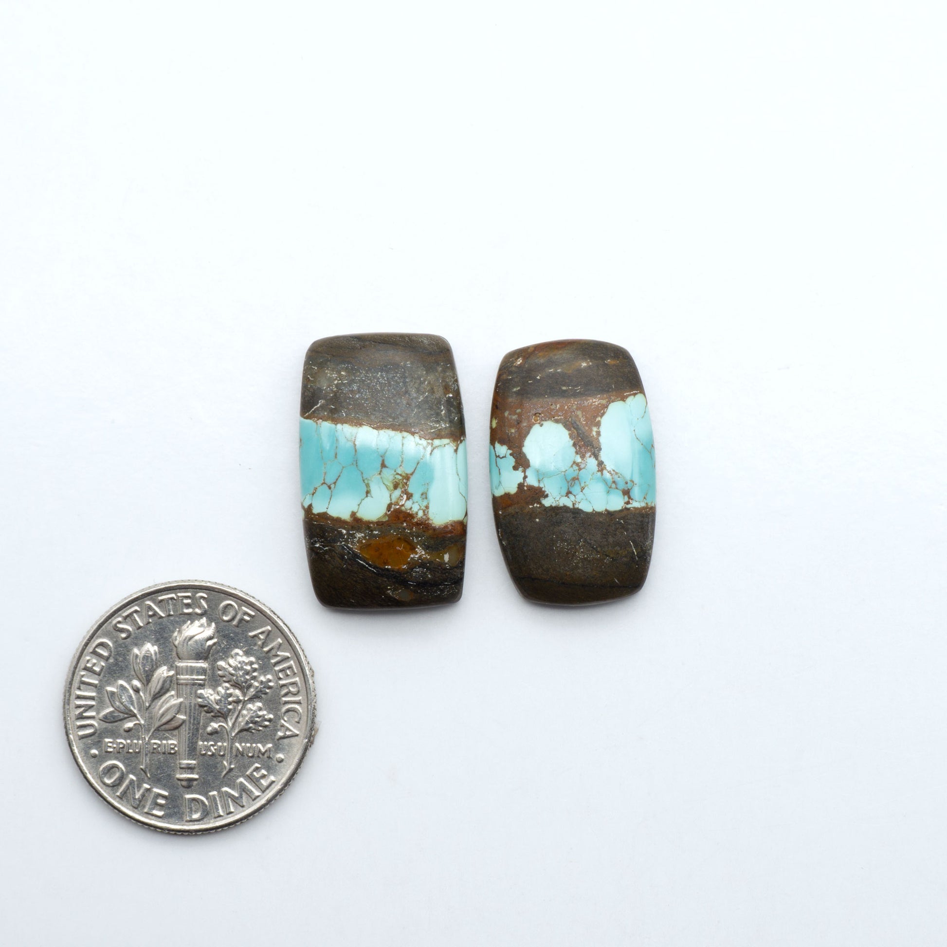 Number 8 Turquoise cabochons, blue and green color with brown matrix, polished stones on a white background, with a US dime for scale