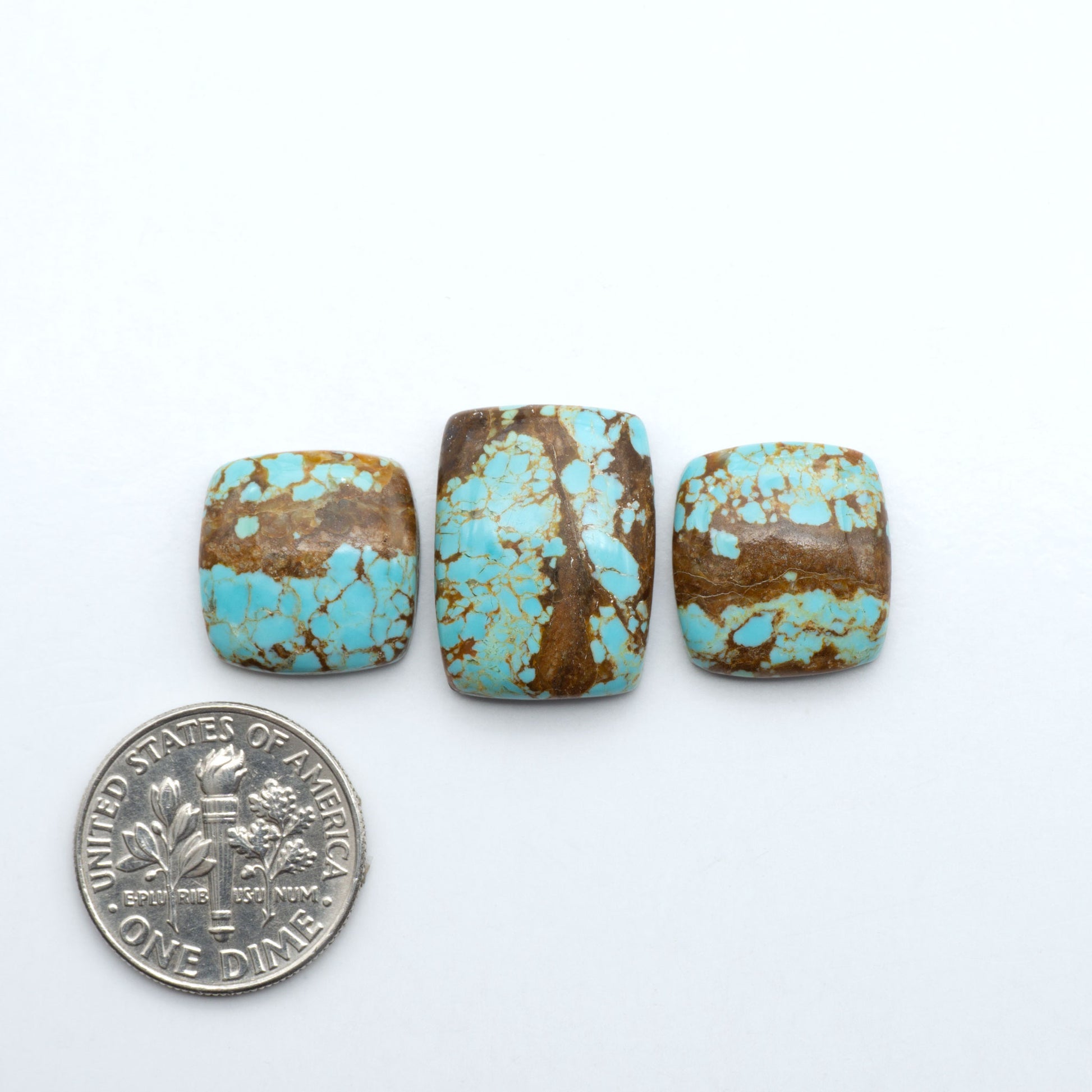 Number 8 Turquoise cabochons, blue and green color with brown matrix, polished stones on a white background, with a US dime for scale