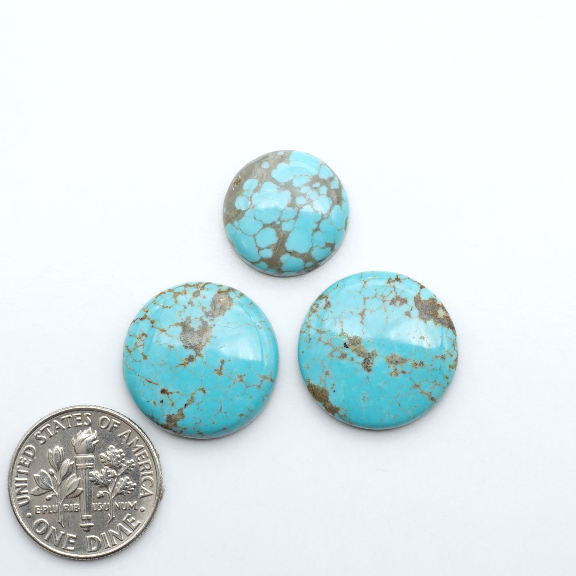 Number 8 Turquoise cabochons, blue and green color with brown matrix, polished stones on a white background, with a US dime for scale