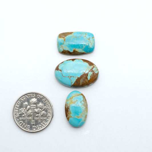 Number 8 Turquoise cabochons, blue and green color with brown matrix, polished stones on a white background, with a US dime for scale