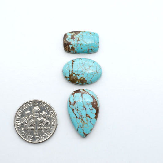 Number 8 Turquoise cabochons, blue and green color with brown matrix, polished stones on a white background, with a US dime for scale