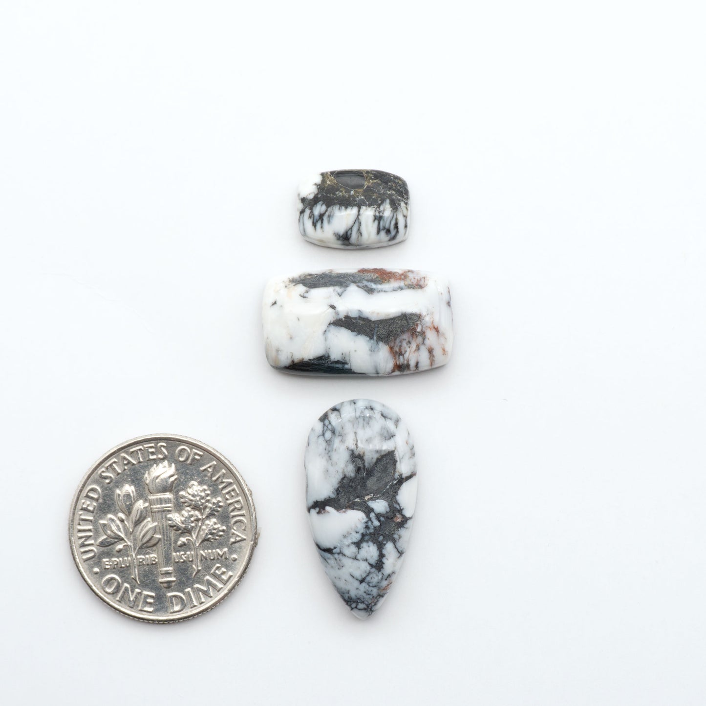 White Buffalo stone cabochons, white stone with black matrix, polished stones on a white background, with a US dime for scale