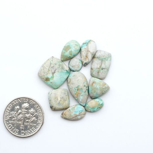 Fox Turquoise cabochons, polished gemstones with natural matrix on a white background, with a US dime for scale