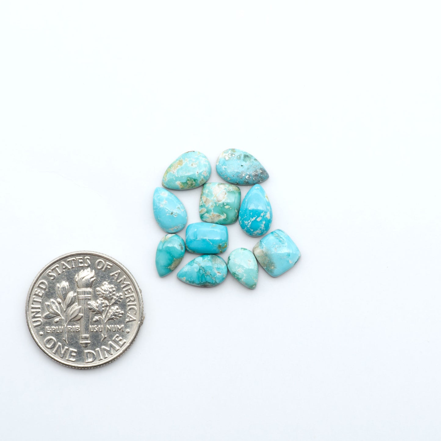 Fox Turquoise cabochons, polished gemstones with natural matrix on a white background, with a US dime for scale