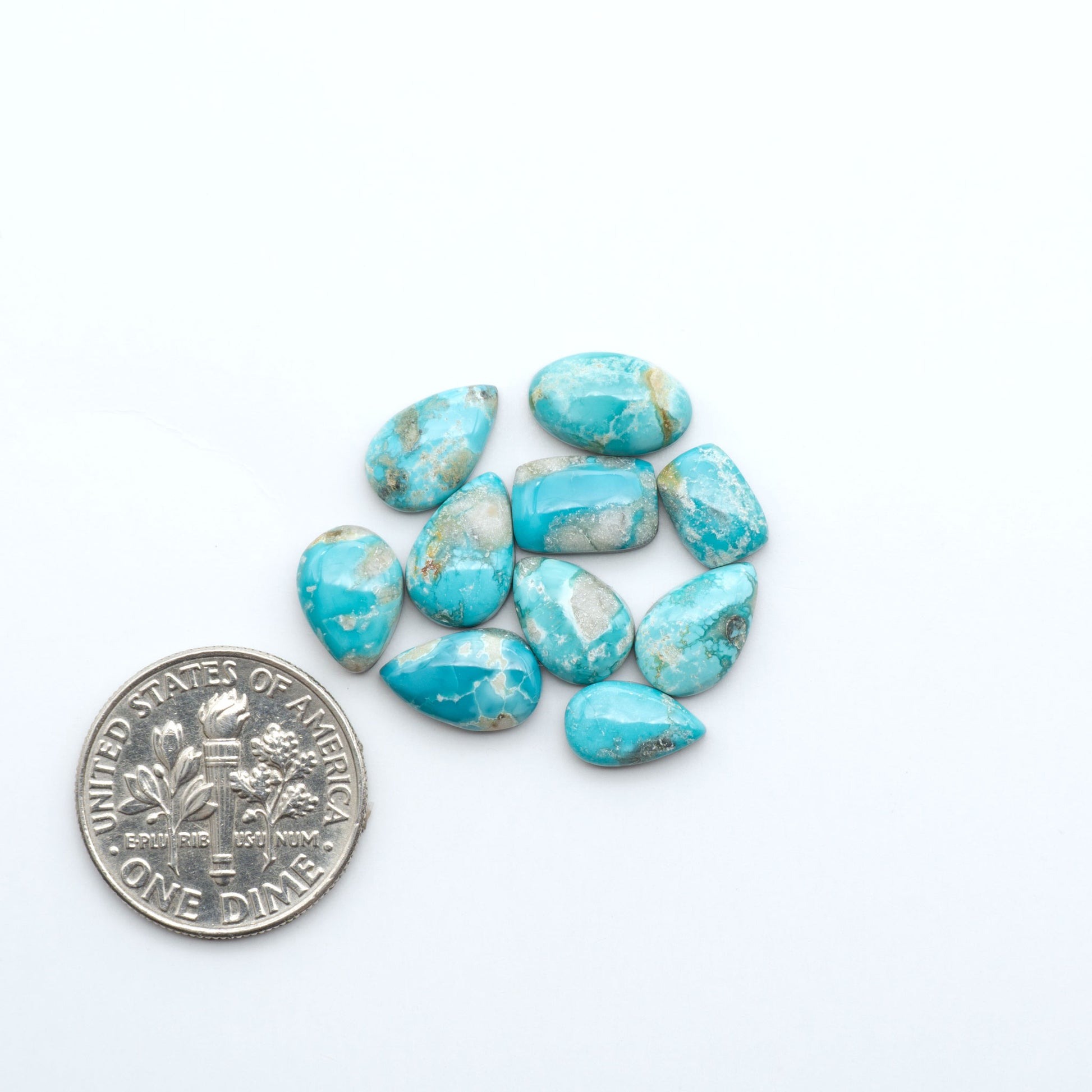 Fox Turquoise cabochons, polished gemstones with natural matrix on a white background, with a US dime for scale