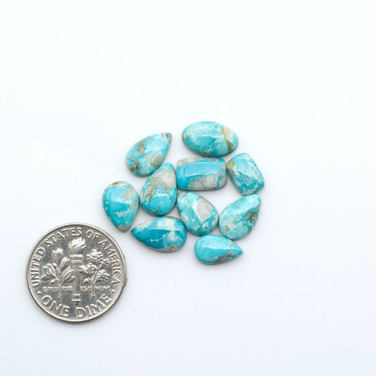 Fox Turquoise cabochons, polished gemstones with natural matrix on a white background, with a US dime for scale