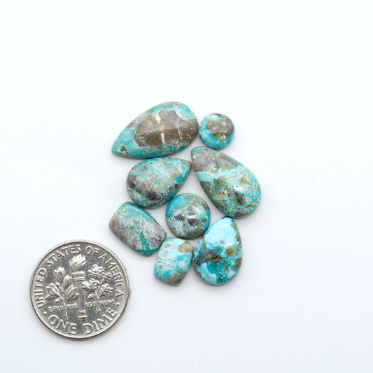 Fox Turquoise cabochons, polished gemstones with natural matrix on a white background, with a US dime for scale