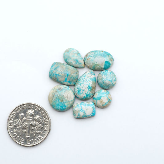 Fox Turquoise cabochons, polished gemstones with natural matrix on a white background, with a US dime for scale