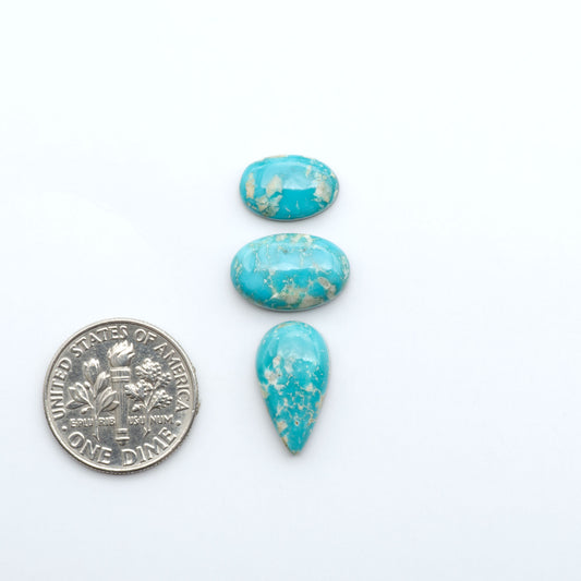 Fox Turquoise cabochons, polished gemstones with natural matrix on a white background, with a US dime for scale