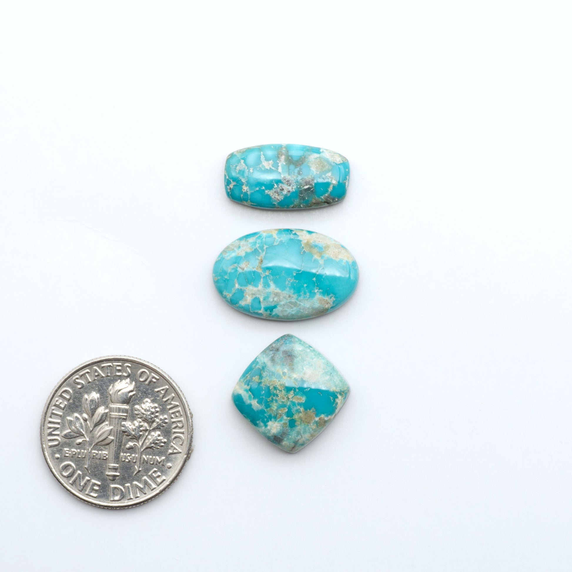 Fox Turquoise cabochons, polished gemstones with natural matrix on a white background, with a US dime for scale
