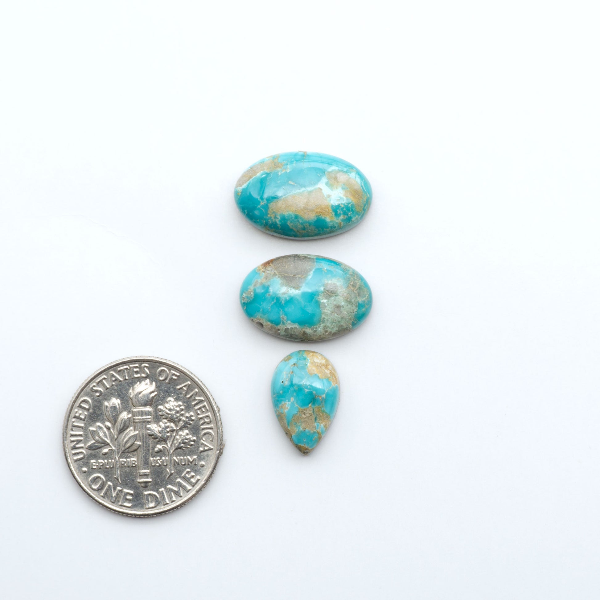 Fox Turquoise cabochons, polished gemstones with natural matrix on a white background, with a US dime for scale