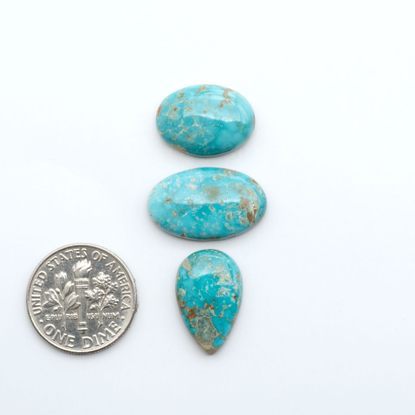 Fox Turquoise cabochons, polished gemstones with natural matrix on a white background, with a US dime for scale