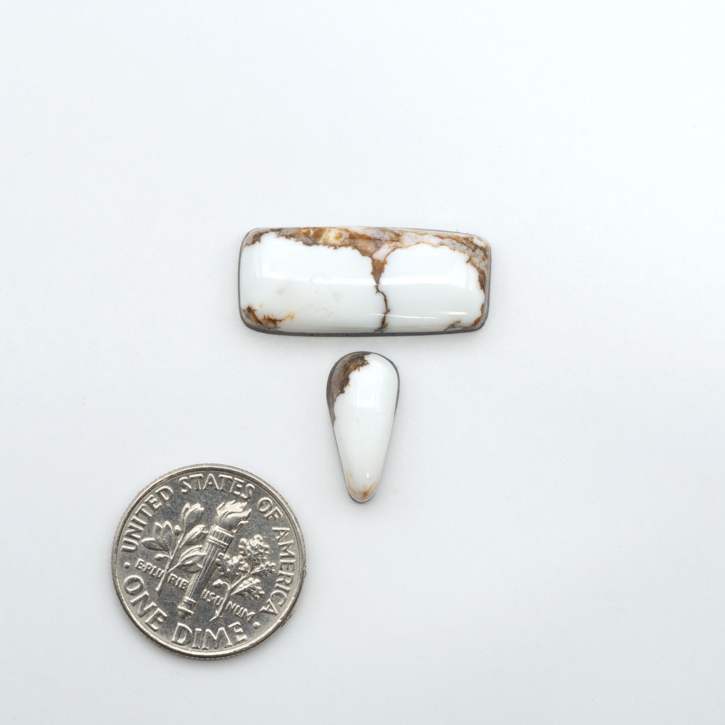 Wild Horse Magnesite cabochons, white gemstones with brown matrix on a white background, with a US dime for scale