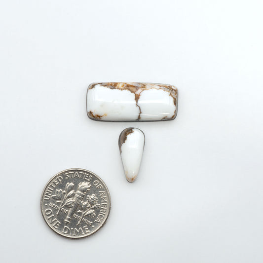 Wild Horse Magnesite cabochons, white gemstones with brown matrix on a white background, with a US dime for scale