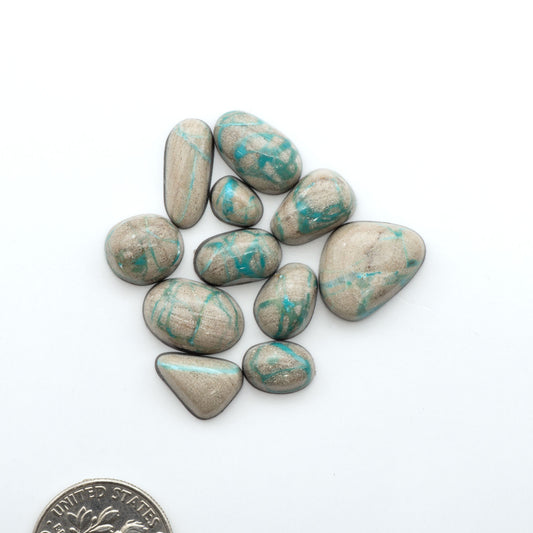 Carico Lake Turquoise cabochons, aqua-blue to turquoise gemstones with natural matrix on a white background with a US dime for scale