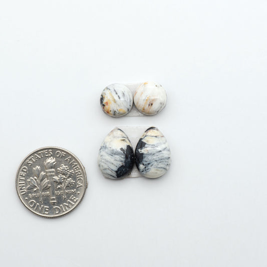 White Buffalo stone cabochons, white stone with black matrix, polished stones on a white background, with a US dime for scale