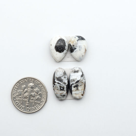 White Buffalo stone cabochons, white stone with black matrix, polished stones on a white background, with a US dime for scale