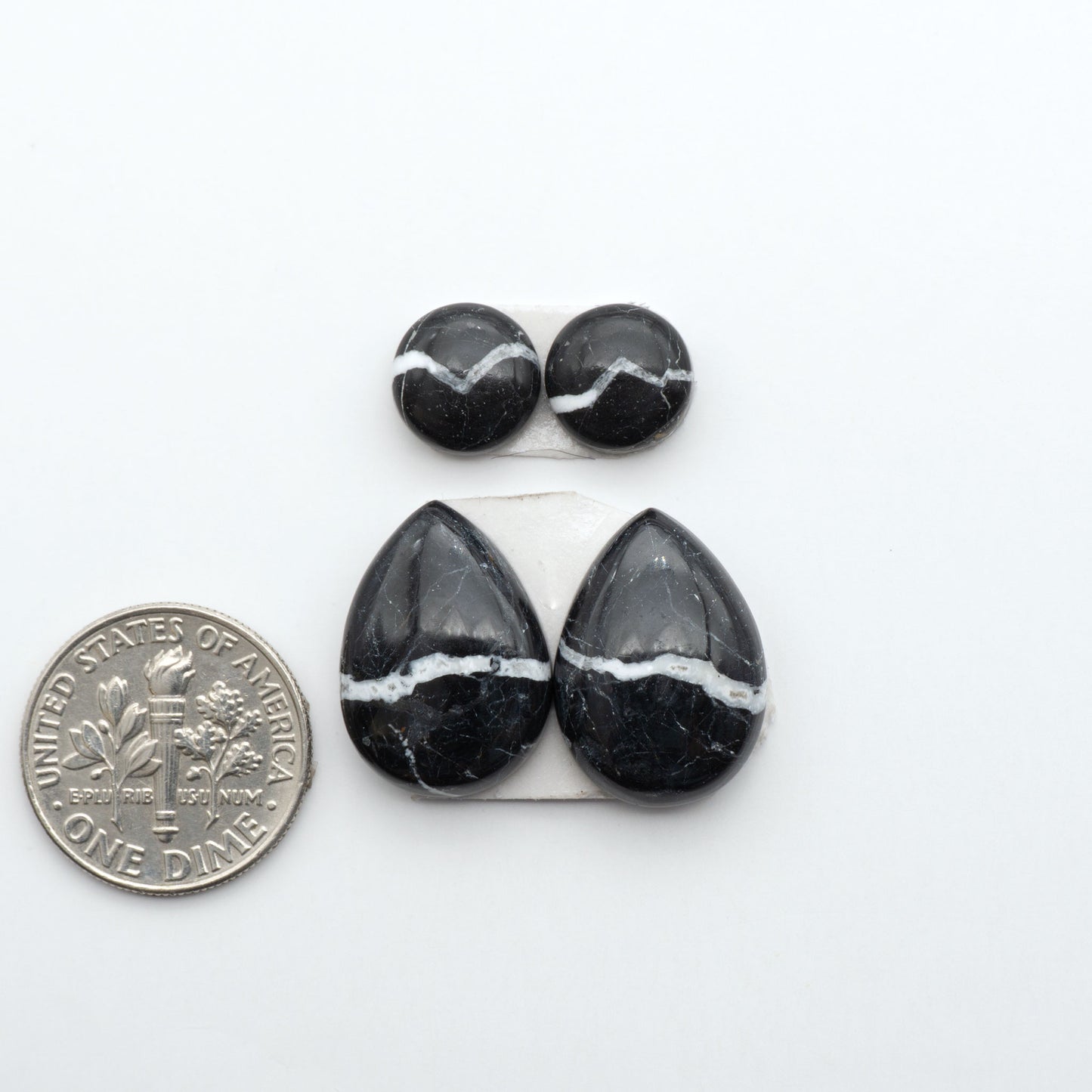 White Buffalo stone cabochons, white stone with black matrix, polished stones on a white background, with a US dime for scale