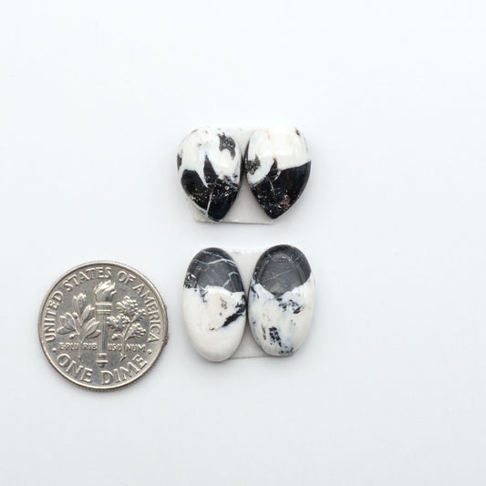 White Buffalo stone cabochons, white stone with black matrix, polished stones on a white background, with a US dime for scale