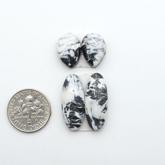 White Buffalo stone cabochons, white stone with black matrix, polished stones on a white background, with a US dime for scale