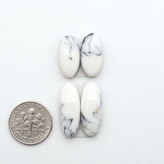 White Buffalo stone cabochons, white stone with black matrix, polished stones on a white background, with a US dime for scale