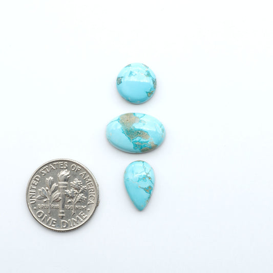 Fox Turquoise cabochons, polished gemstones with natural matrix on a white background, with a US dime for scale