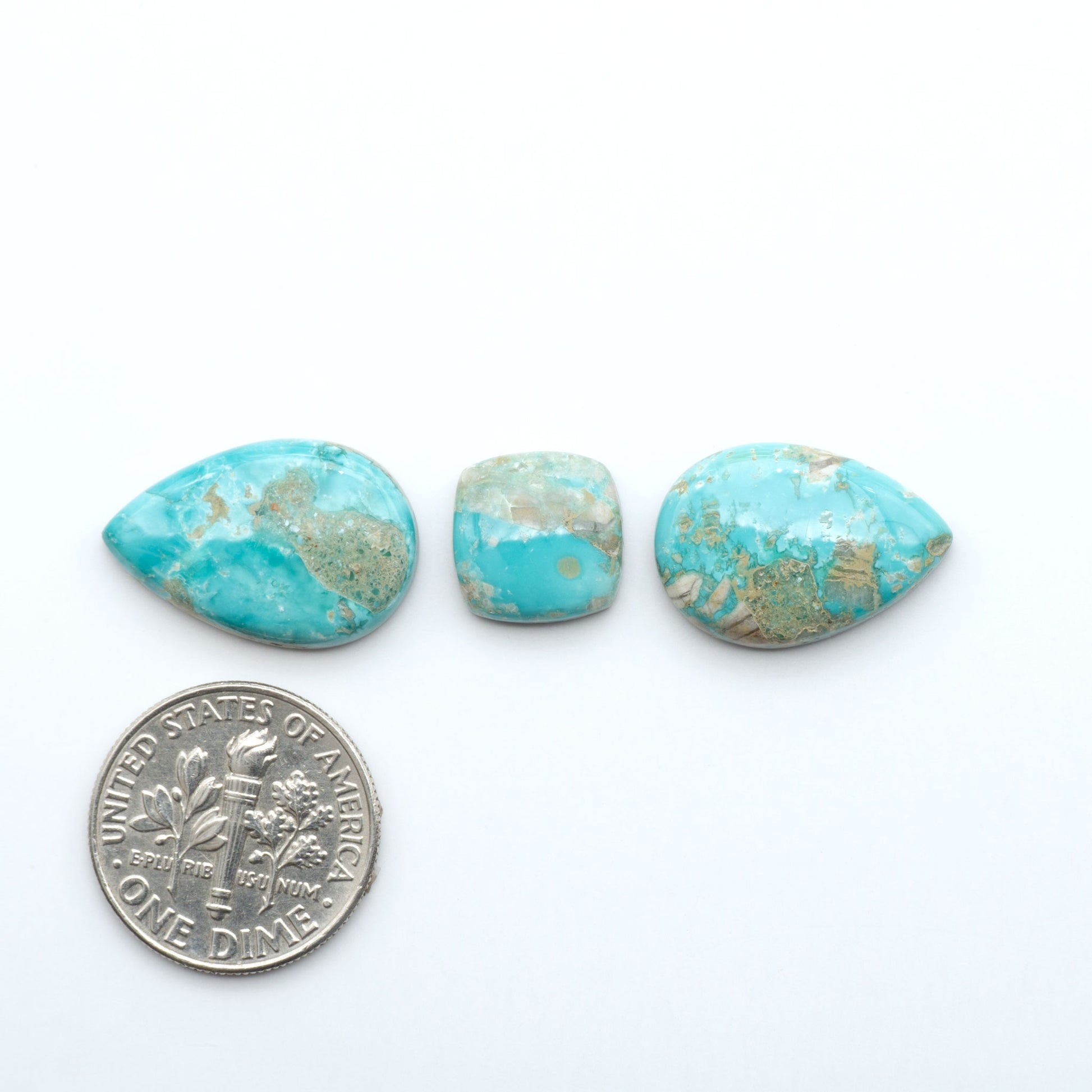 Fox Turquoise cabochons, polished gemstones with natural matrix on a white background, with a US dime for scale