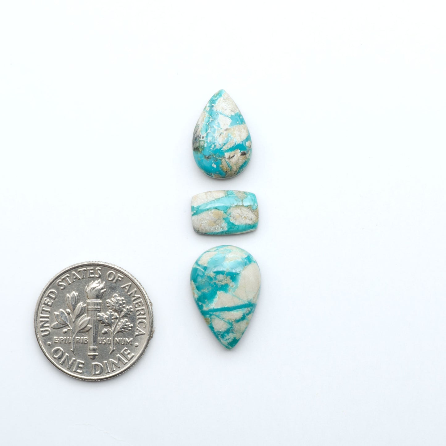 Fox Turquoise cabochons, polished gemstones with natural matrix on a white background, with a US dime for scale