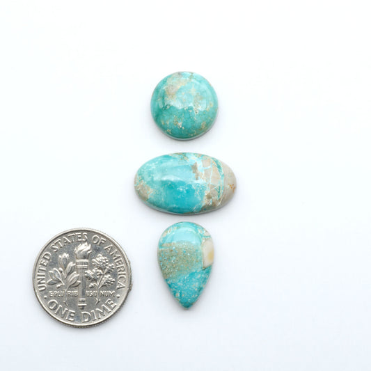 Fox Turquoise cabochons, polished gemstones with natural matrix on a white background, with a US dime for scale