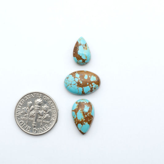 Number 8 Turquoise cabochons, blue and green color with brown matrix, polished stones on a white background, with a US dime for scale