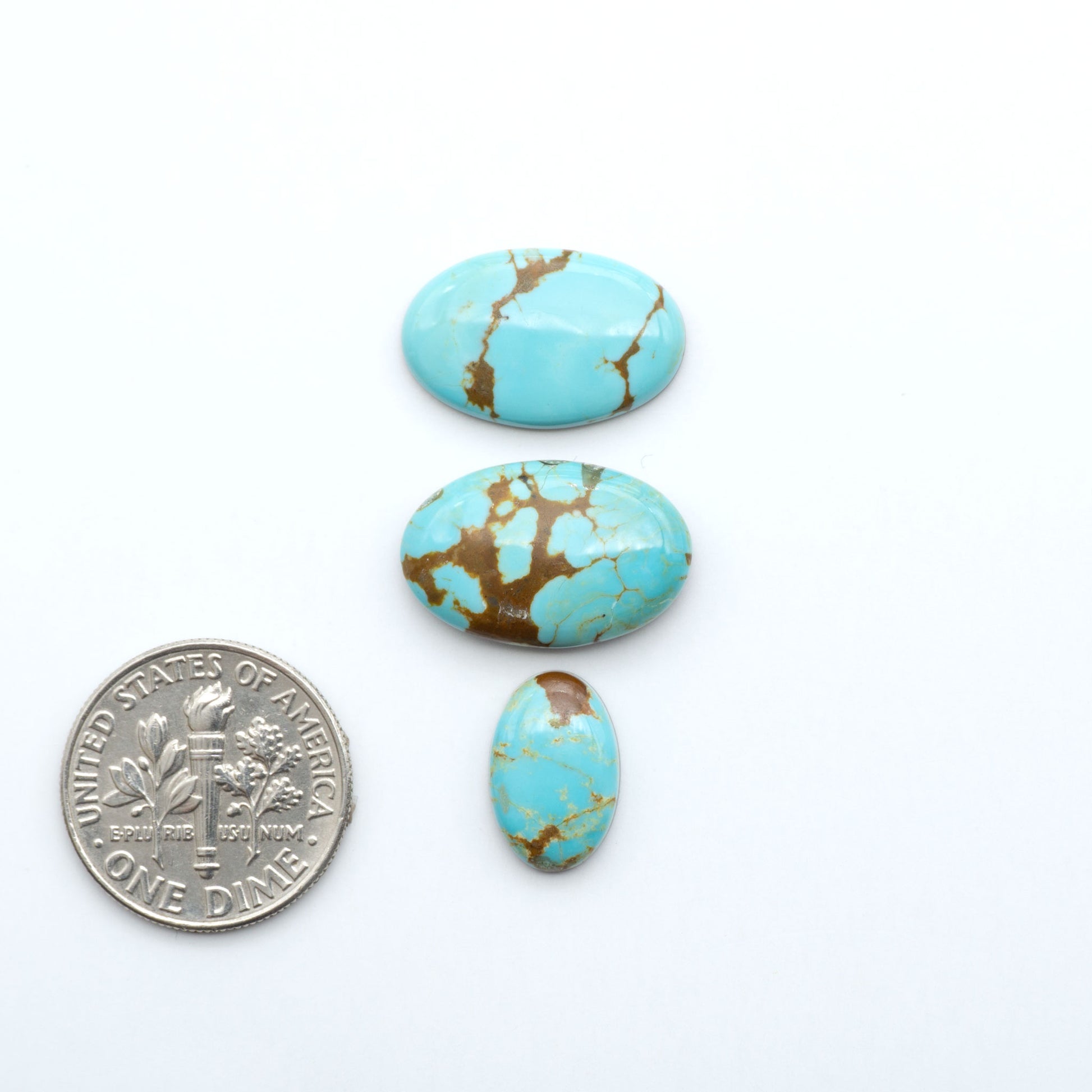 Number 8 Turquoise cabochons, blue and green color with brown matrix, polished stones on a white background, with a US dime for scale