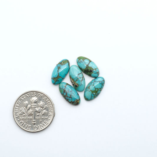 Hubei Cloud Mountain Turquoise cabochons, blue and green color with black matrix, polished stones on a white background, with a US dime for scale