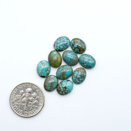 Hubei Cloud Mountain Turquoise cabochons, blue and green color with black matrix, polished stones on a white background, with a US dime for scale