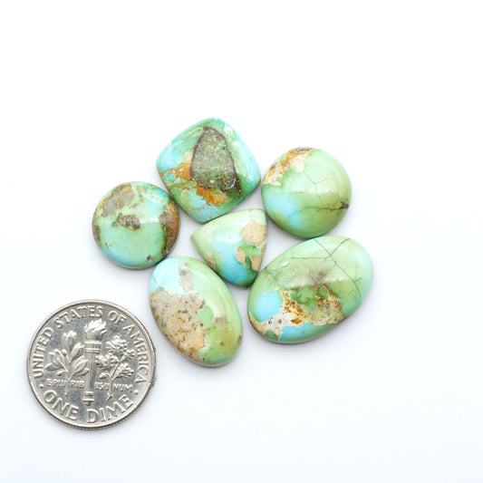 Sonoran Mountain Turquoise cabochons, blue-green color with natural matrix, polished stones on a white background, with a US dime for scale