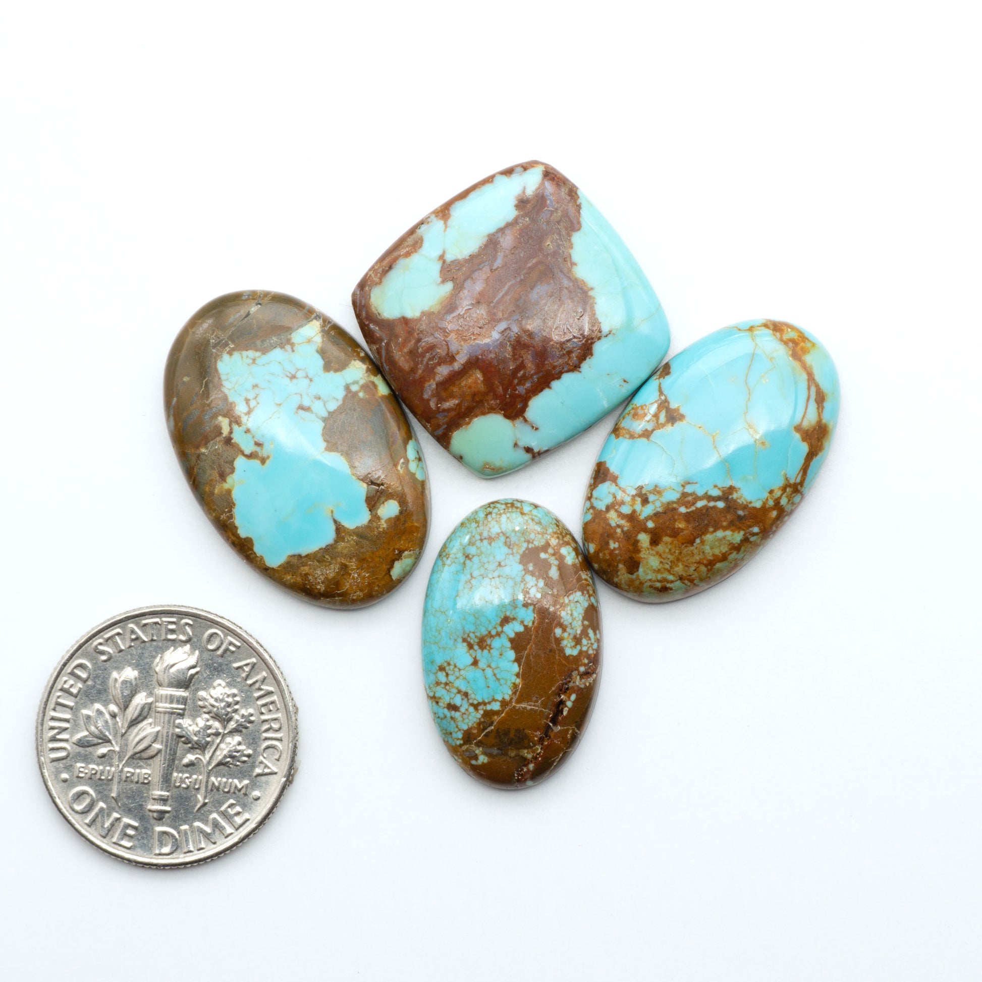 Number 8 Turquoise cabochons, blue and green color with brown matrix, polished stones on a white background, with a US dime for scale