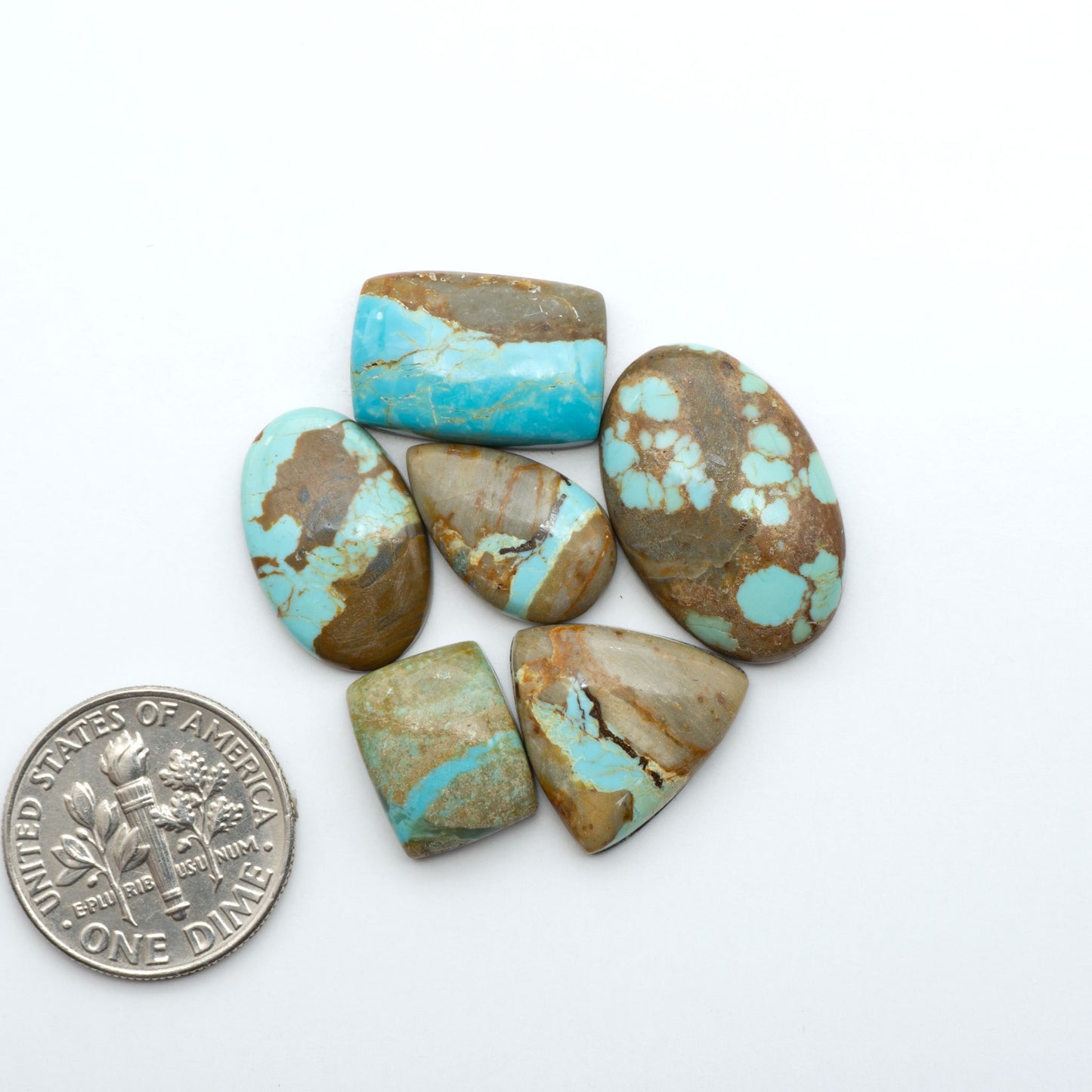Number 8 Turquoise cabochons, blue and green color with brown matrix, polished stones on a white background, with a US dime for scale