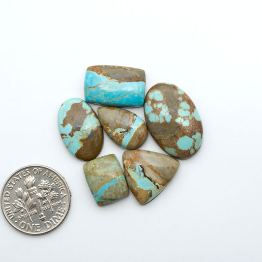Number 8 Turquoise cabochons, blue and green color with brown matrix, polished stones on a white background, with a US dime for scale