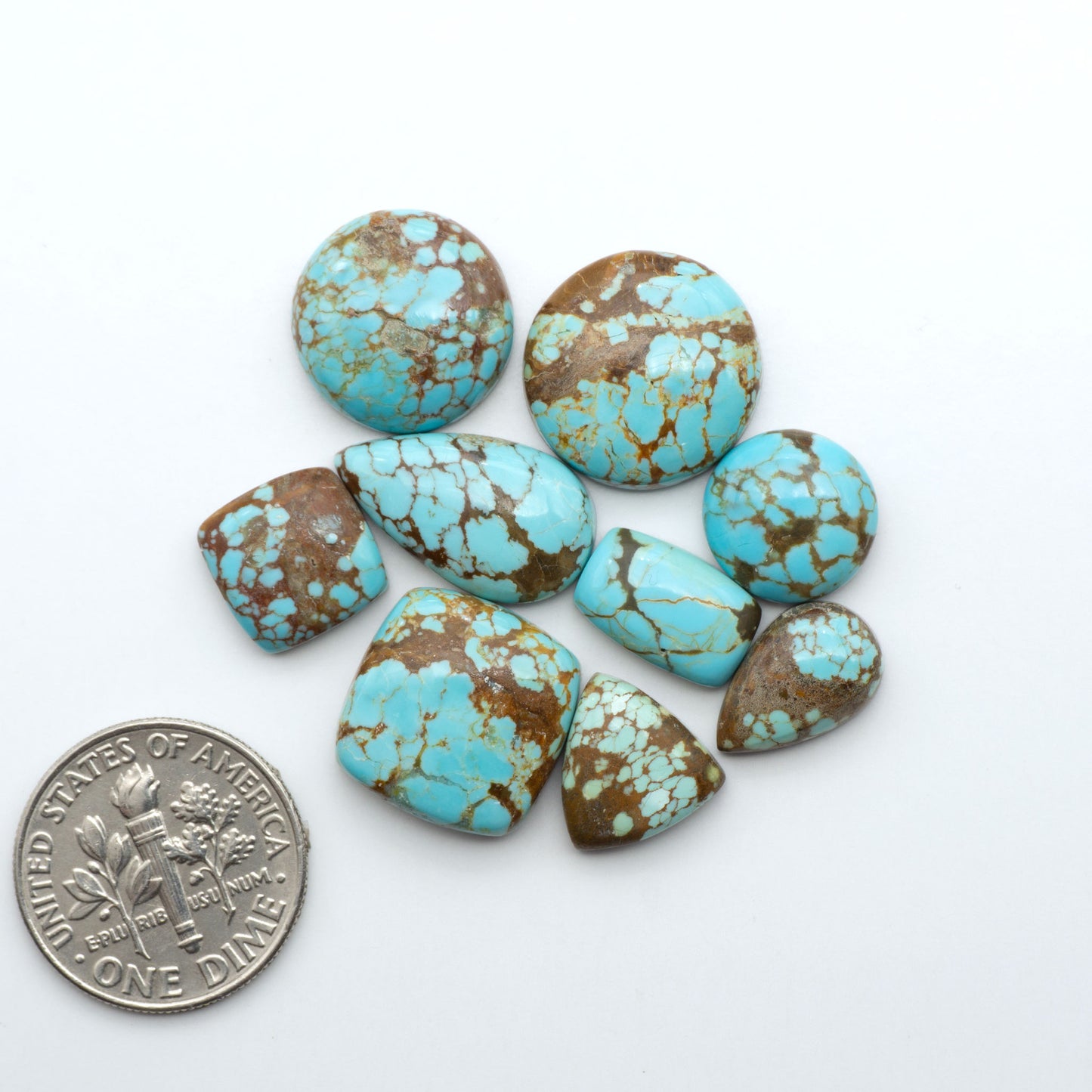 Number 8 Turquoise cabochons, blue and green color with brown matrix, polished stones on a white background, with a US dime for scale