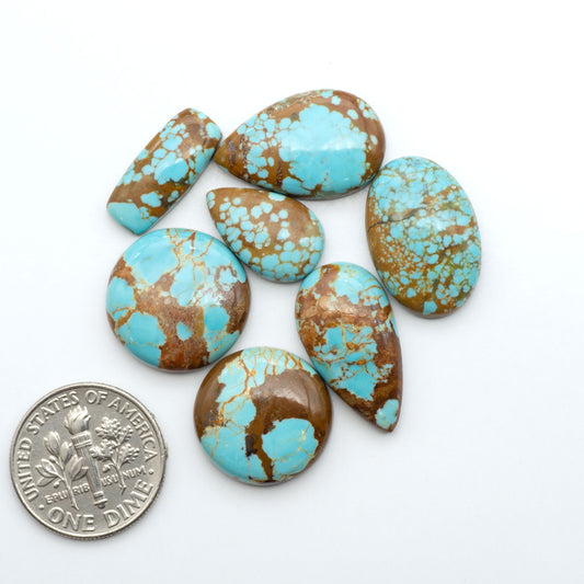 Number 8 Turquoise cabochons, blue and green color with brown matrix, polished stones on a white background, with a US dime for scale