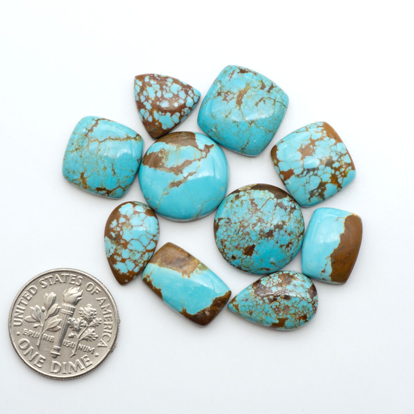 Number 8 Turquoise cabochons, blue and green color with brown matrix, polished stones on a white background, with a US dime for scale