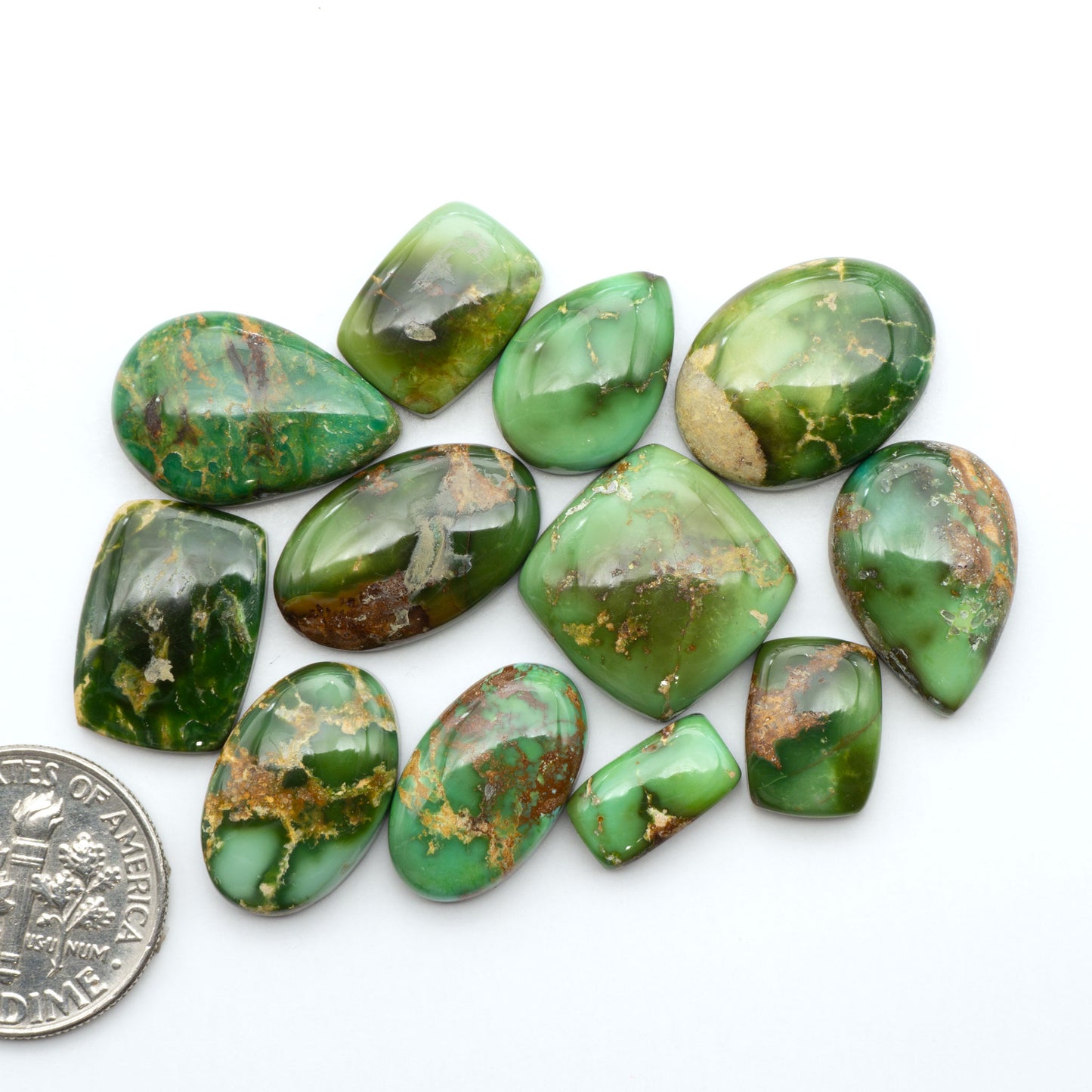 Sonoran Mountain Turquoise cabochons, blue-green color with natural matrix, polished stones on a white background, with a US dime for scale