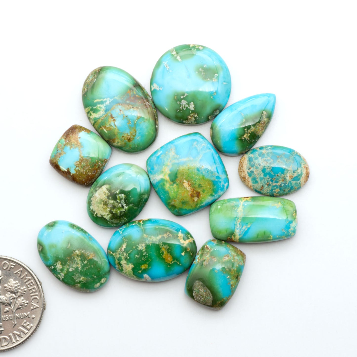 Sonoran Mountain Turquoise cabochons, blue-green color with natural matrix, polished stones on a white background, with a US dime for scale