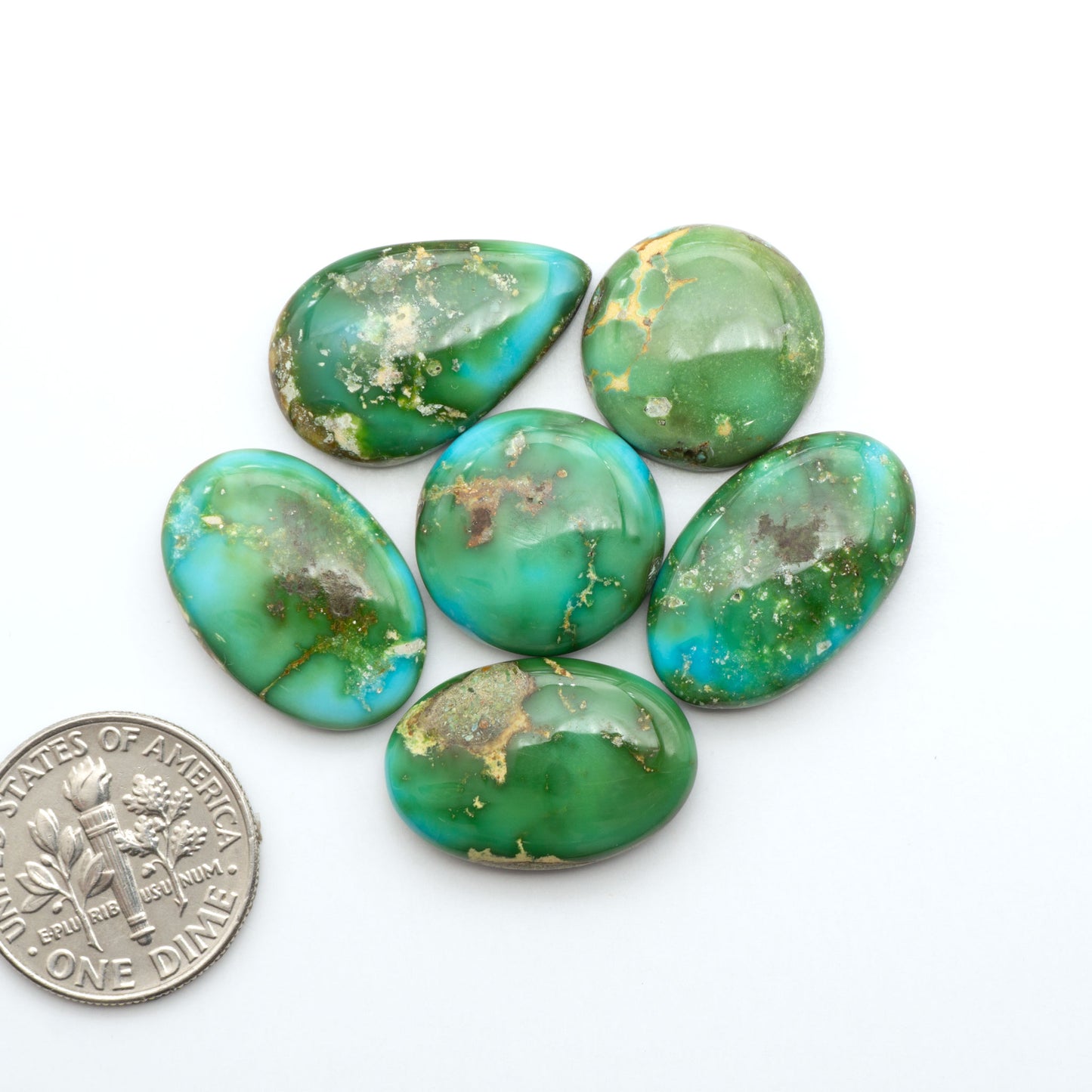 Sonoran Mountain Turquoise cabochons, blue-green color with natural matrix, polished stones on a white background, with a US dime for scale