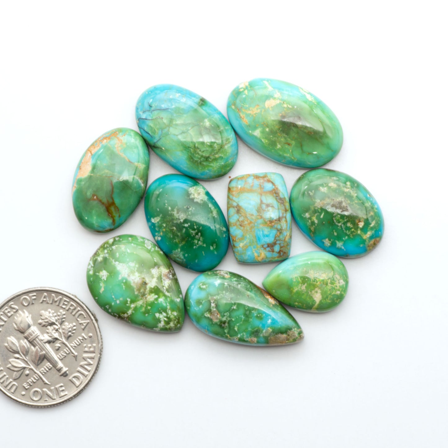 Sonoran Mountain Turquoise cabochons, blue-green color with natural matrix, polished stones on a white background, with a US dime for scale