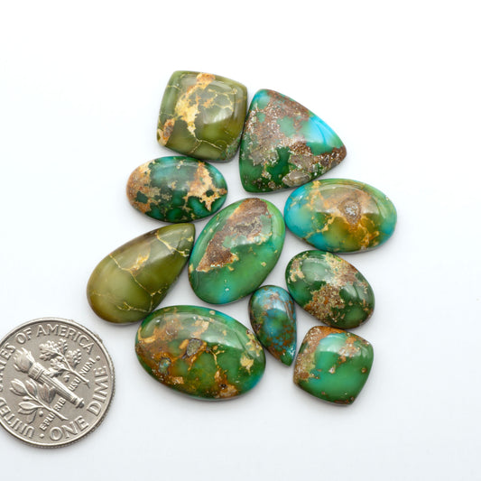 Sonoran Mountain Turquoise cabochons, blue-green color with natural matrix, polished stones on a white background, with a US dime for scale