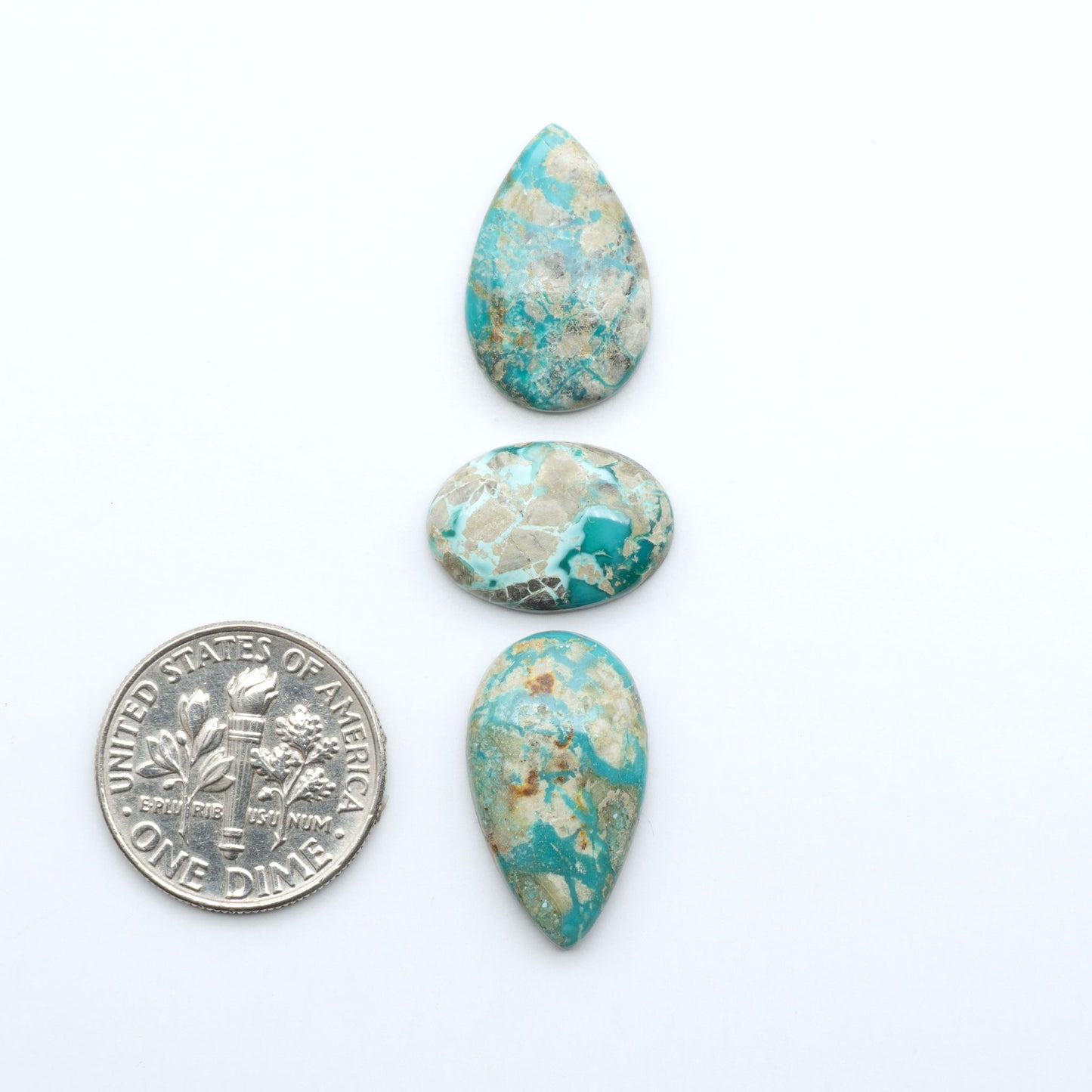 Fox Turquoise cabochons, polished gemstones with natural matrix on a white background, with a US dime for scale